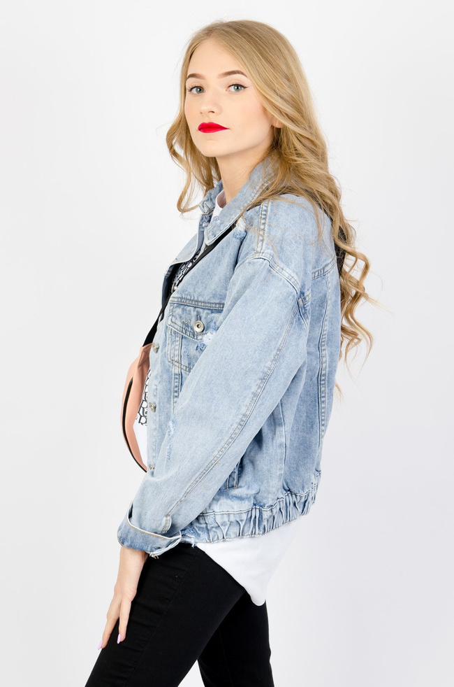 WIOSENNA KURTKA JEANSOWA BOMBERKA Z PRZETARCIAMI