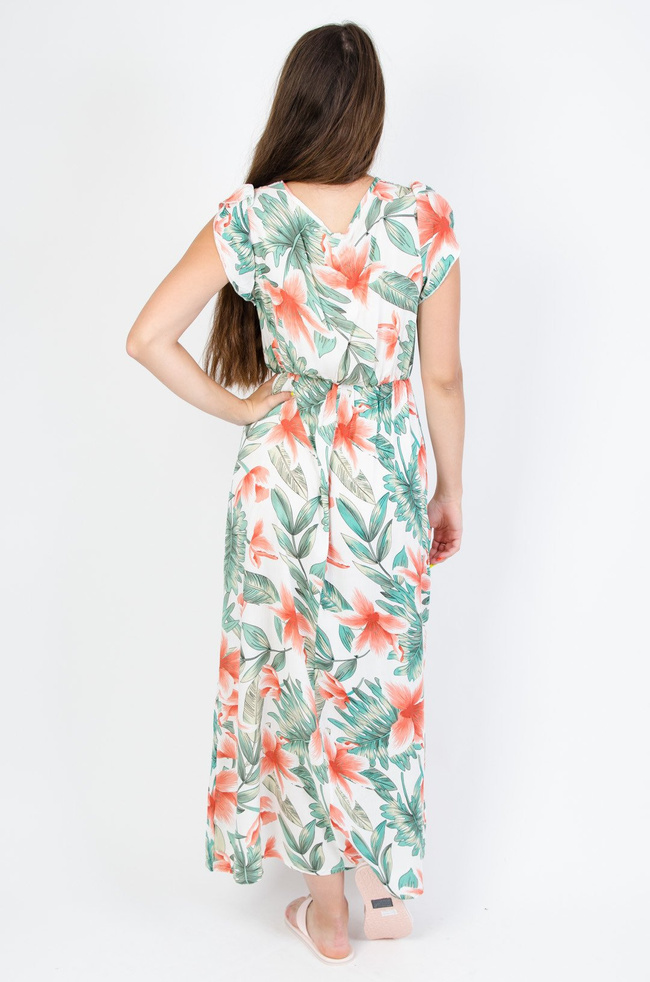 Biała sukienka w kwiaty z kopertowym dekoltem 