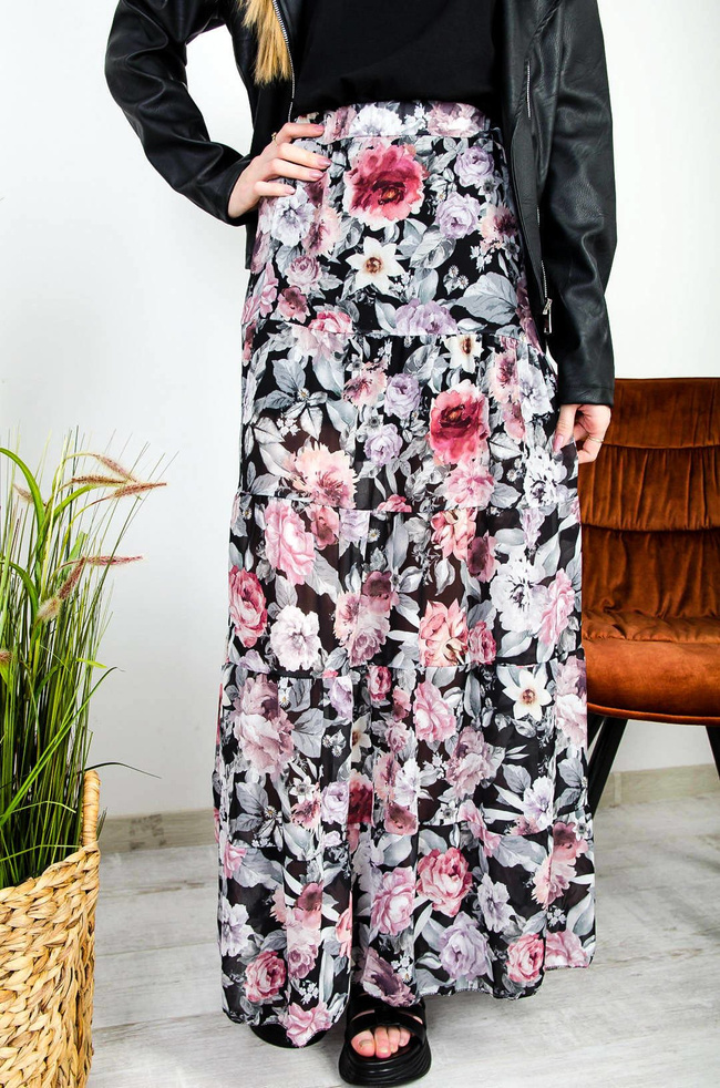 CZARNA SPÓDNICA MAXI W KWIATY Z ROZCIĘCIEM