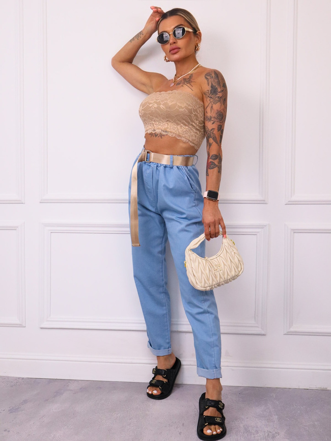 SPODNIE MATERIAŁOWE Z KIESZENIAMI+ PASEK- NIEBIESKIE