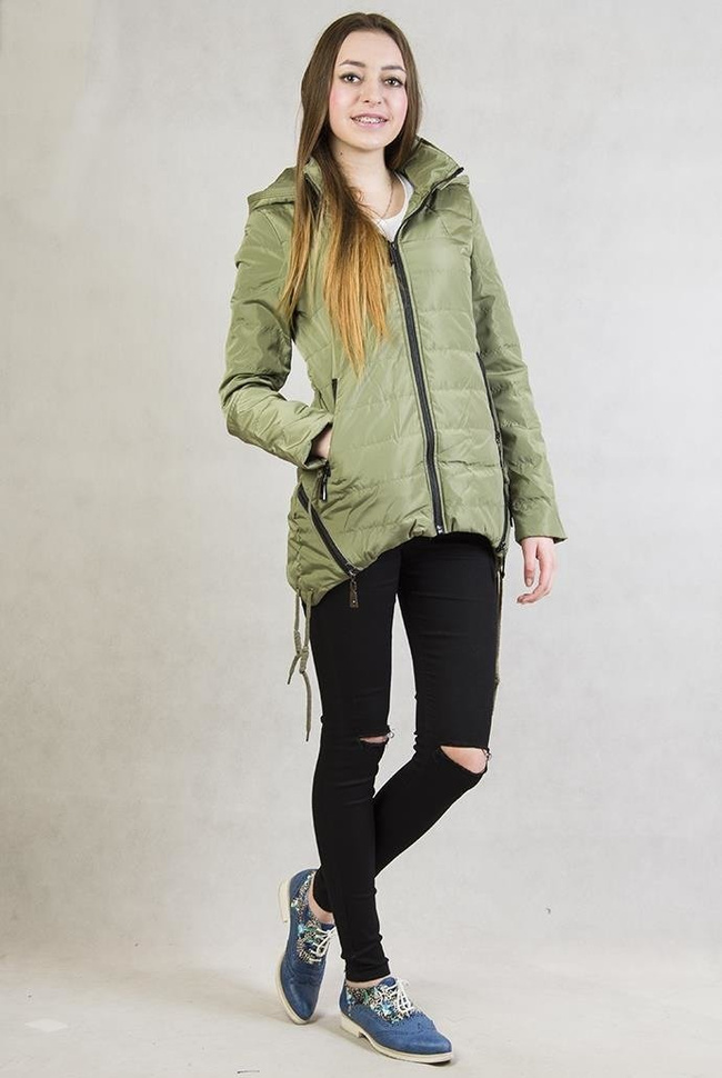 Asymetryczna zielona kurtka z kapturem ze ściągaczami