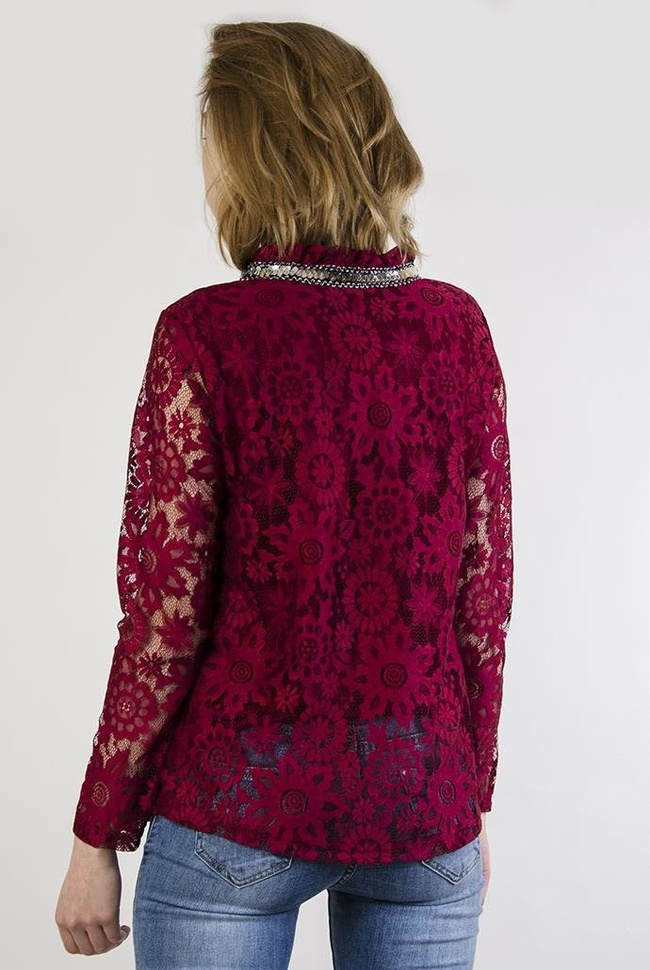 Bordowa bluzka koronkowa, z efektownym kołnierzykiem