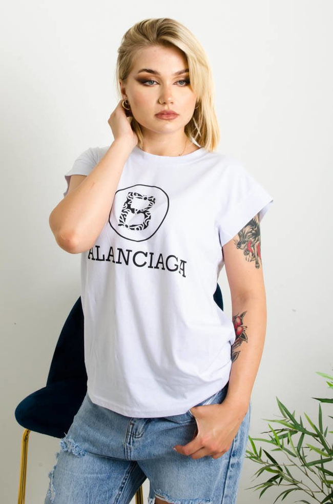 BIAŁY T-SHIRT Z NAPISEM BALANCIAGA