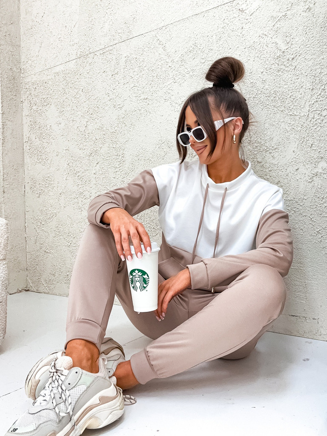 BEŻOWY KOMPLET DRESOWY BLUZA ZE SZNURKAMI+ SPODNIE