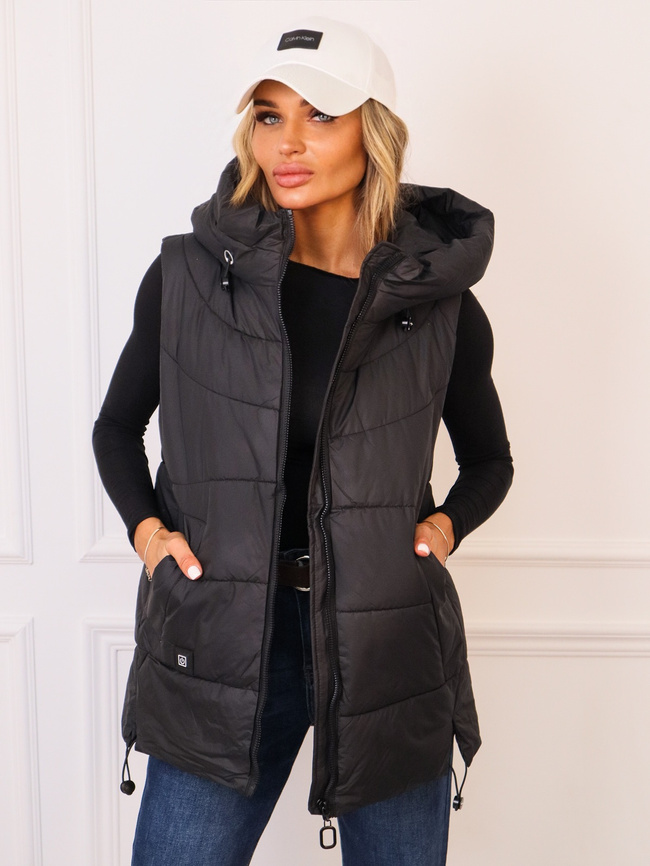 ASYMETRYCZNA KAMIZELKA Z KAPTUREM I ŚCIAGACZEM NA DOLE- CZARNA