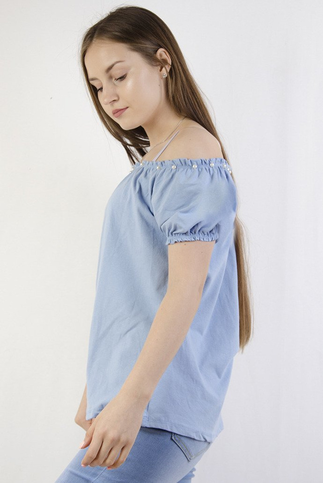 Niebieska bluzka hiszpanka z perełkami