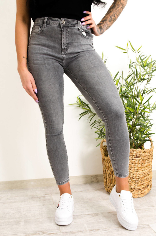 SZARE SPODNIE JEANSOWE Z DŻETAMI - WYSOKI STAN