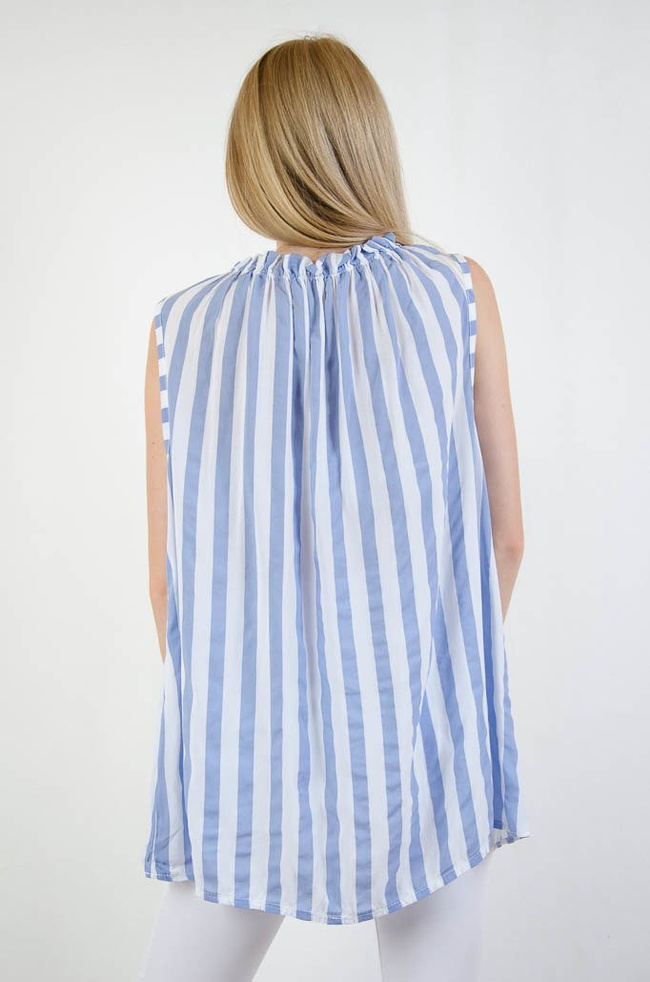 BLUZKA W BIAŁO NIEBIESKIE PASKI Z KOKARDA NA RAMIENIU 