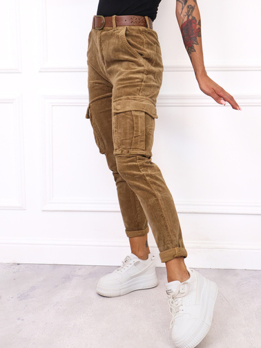 SPODNIE SZTRUKSOWE BOJÓWKI Z PASKIEM- JASNOBRĄZOWE