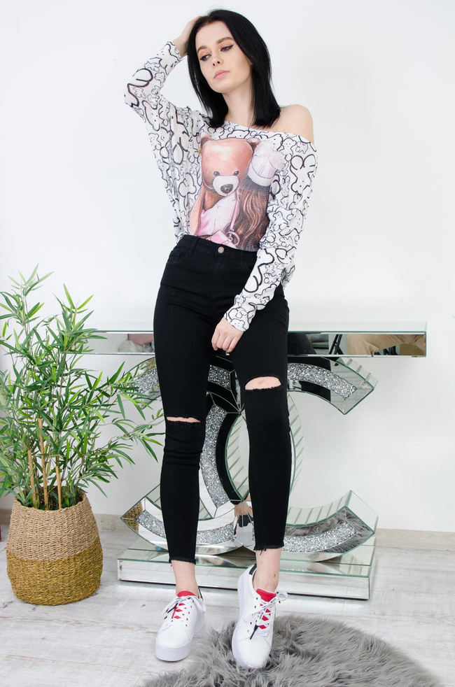 CZARNE SPODNIE SKINNY Z ROZCIĘCIAMI NA KOLANACH- WYSOKI STAN