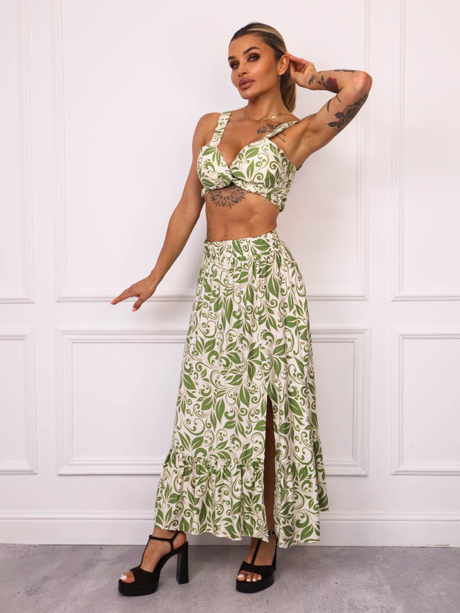 KOMPLET WZORZYSTY TOP+ SPÓDNICA Z ROZCIĘCIEM- ZIELONY