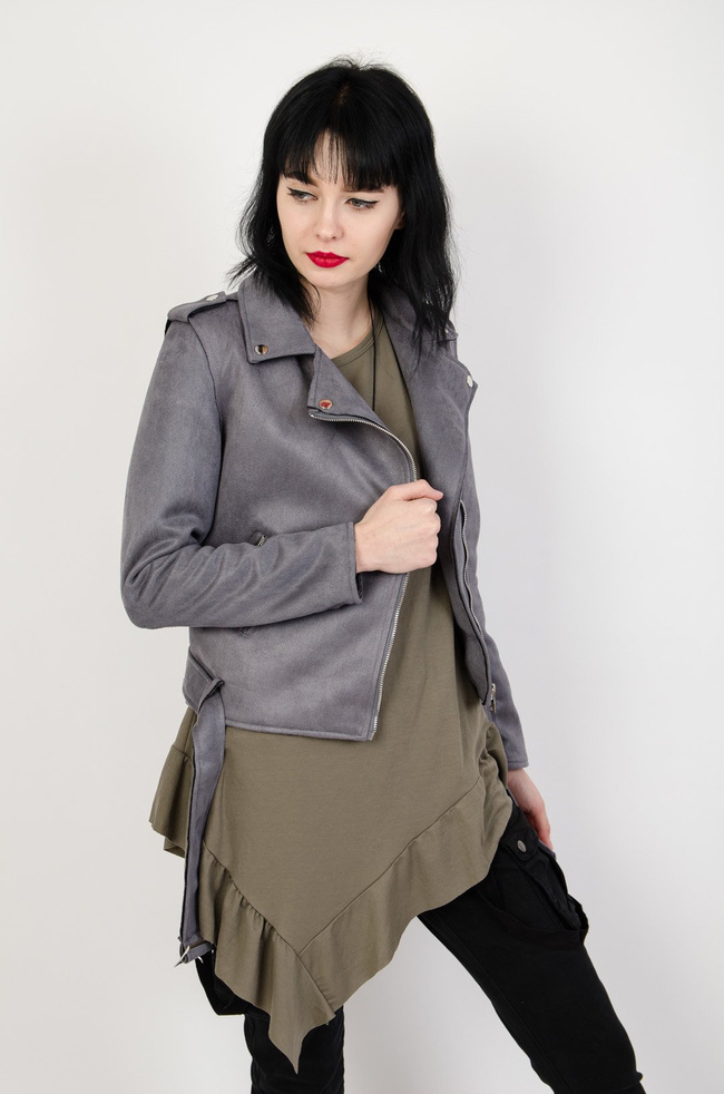 Szara zamszowa kurtka z paskiem na dole