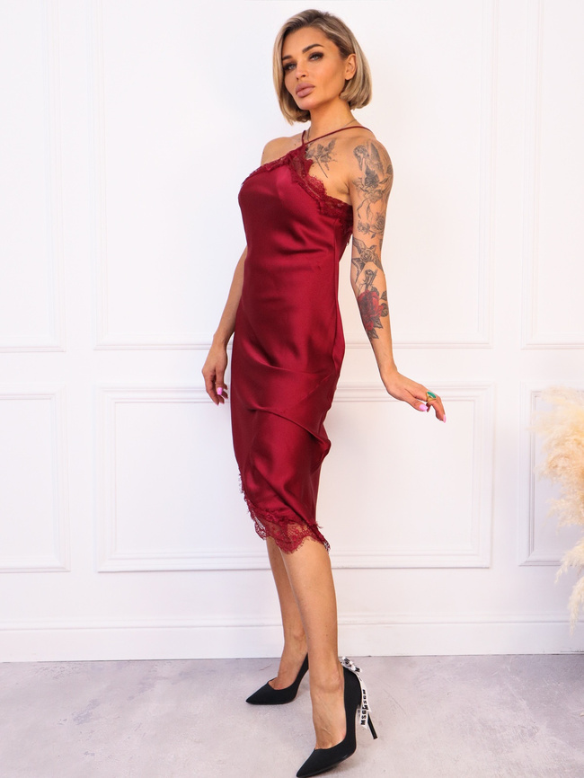 SUKIENKA SATYNOWA Z KORONKĄ I DEKOLTEM HALTER- BORDOWA