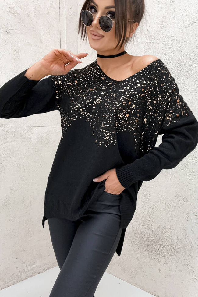 SWETER TUNIKA Z OZDOBNYM ZŁOTEM- CZARNY