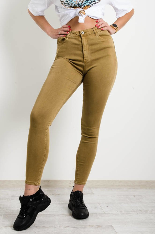 CAMELOWE dopasowane spodnie z wysokim stanem