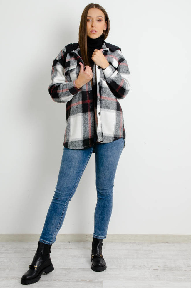 CZARNA KURTKA KOSZULA W KRATĘ Z KAPTUREM