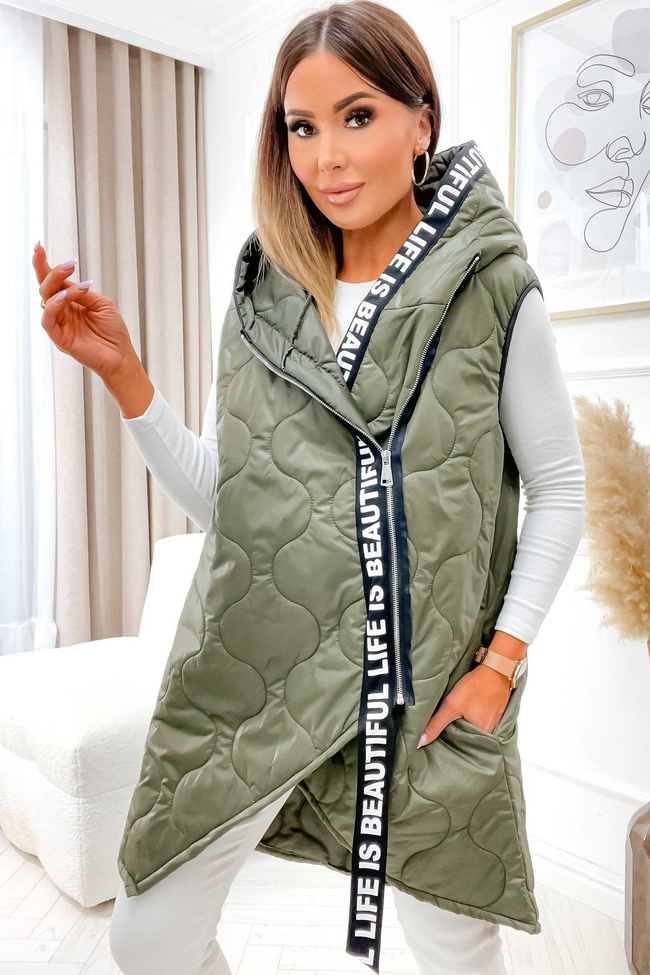 ZIELONA PIKOWANA KAMIZELKA Z OZDOBNYM PASEM