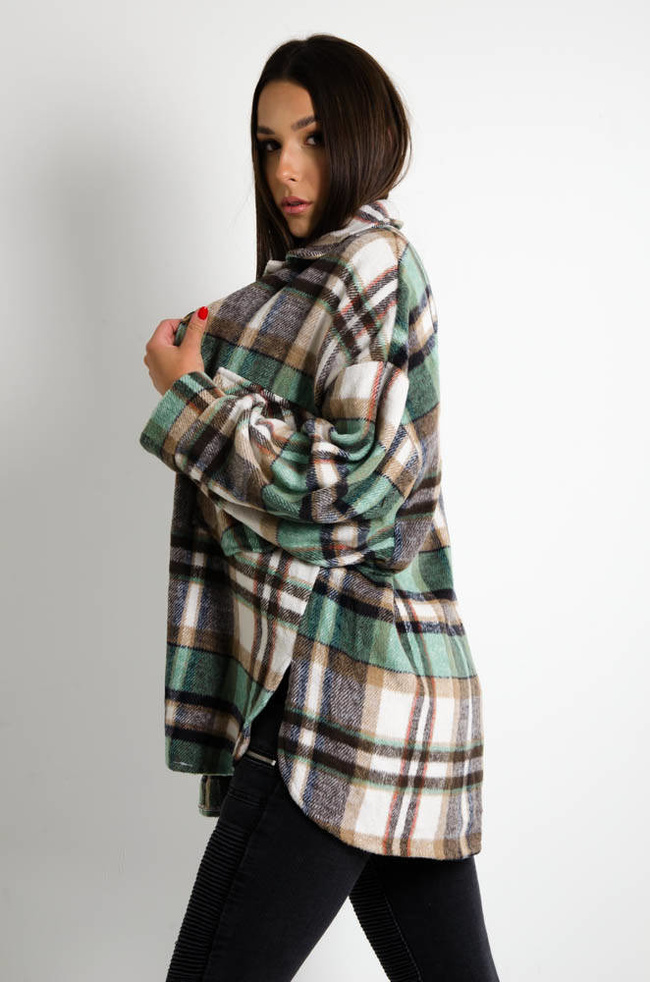 KURTKA KOSZULOWA W KRATĘ -ZIELONA