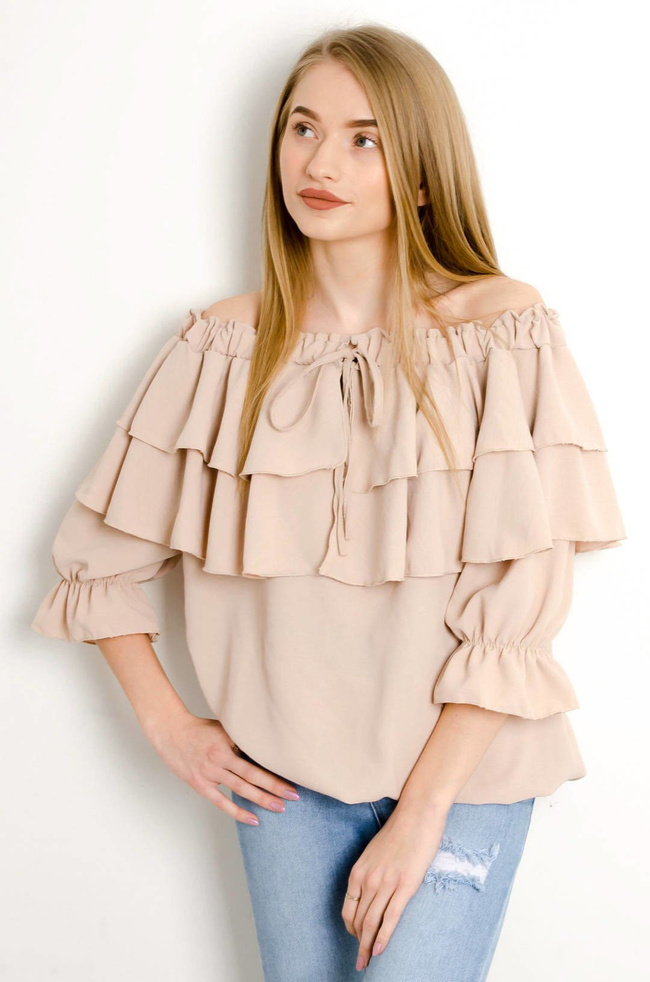 BEŻOWA BLUZKA HISZPANKA Z WIĄZANIEM W DEKOLCIE