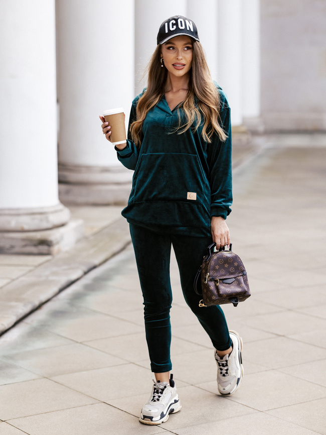 WELUROWY KOMPLET BLUZA+ LEGGINSY- BUTELKOWA ZIELEŃ