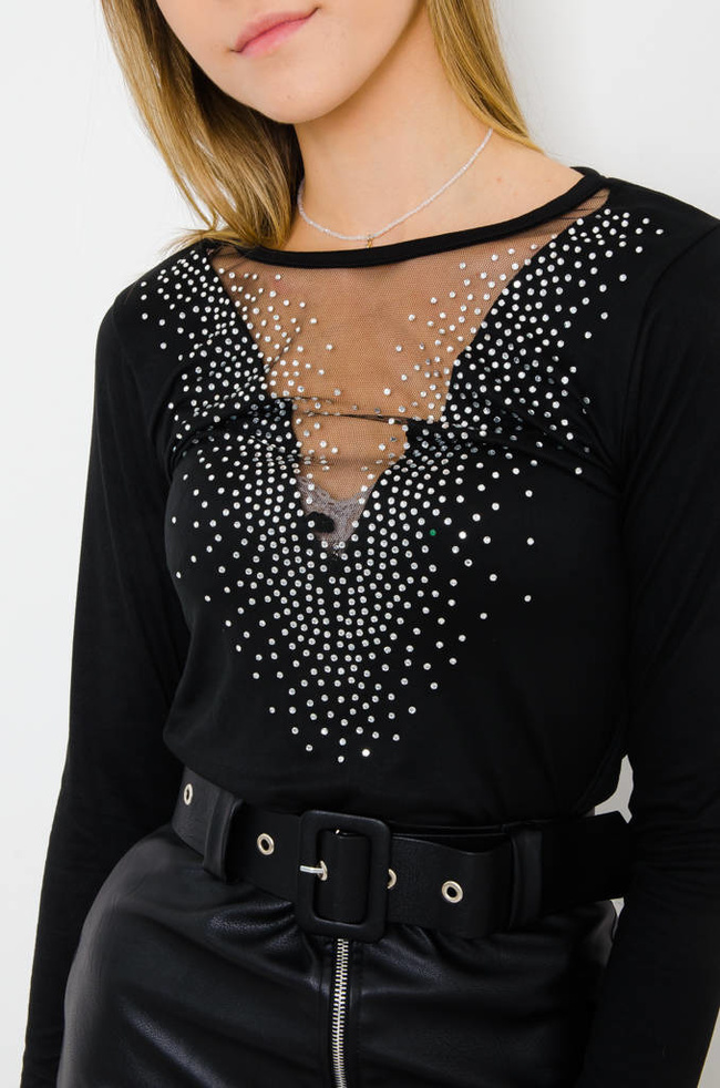 CZARNA BLUZKA Z OZDOBNYM DEKOLTEM Z SIATECZKI I CEKINAMI 