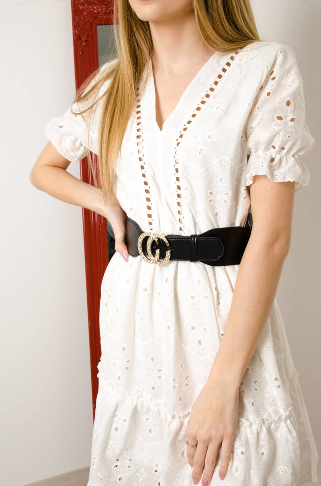 BIAŁA AŻUROWA SUKIENKA Z GUMKĄ W PASIE