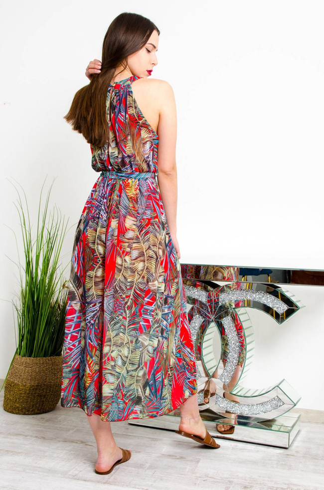 DŁUGA CZERWONO-ZIELONA SUKIENKA MAXI W KWIATOWY WZÓR 