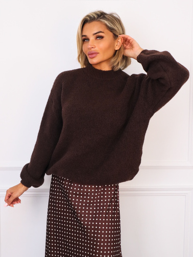 SWETER OVERSIZE Z DOMIESZKĄ WEŁNY- CZEKOLADOWY