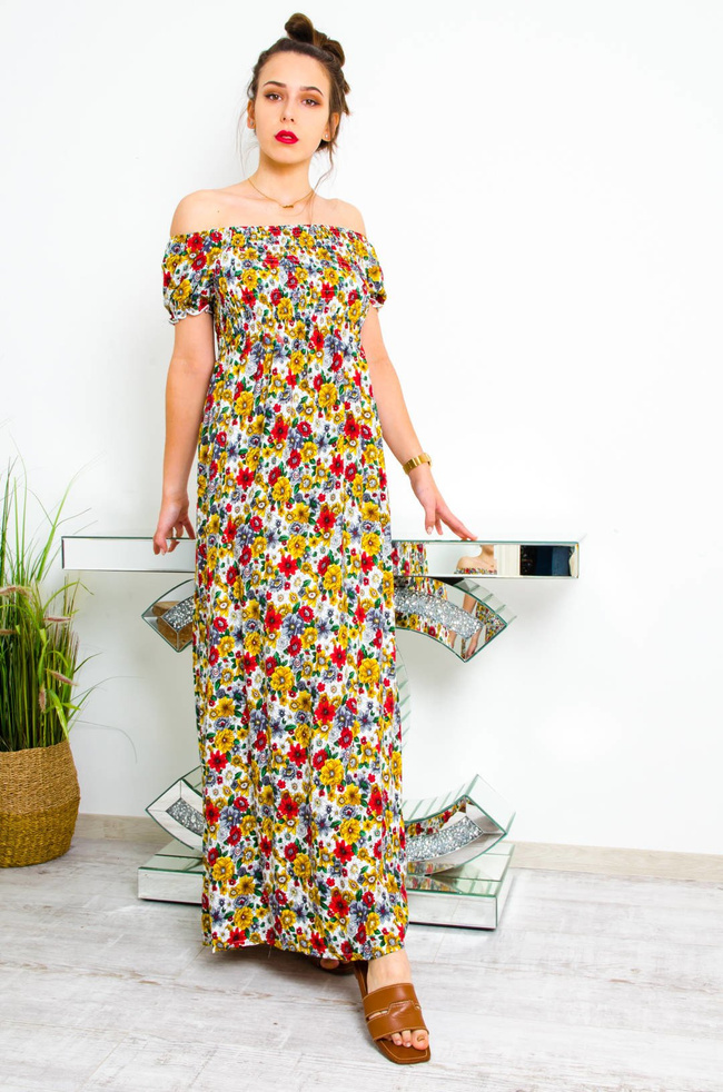 BIAŁA DŁUGA SUKIENKA HISZPANKA W KWIATY 