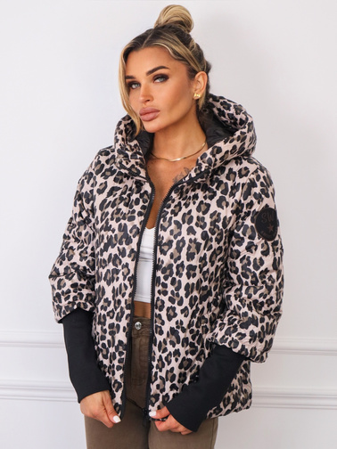 KURTKA PRZEJŚCIOWA PIKOWANA Z KAPTUREM W PANTERKĘ- BEŻOWA