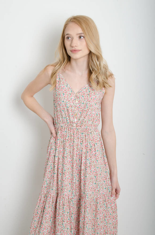 SUKIENKA W KWIATY NA CIENKICH RAMIĄCZKACH MAXI - RÓŻOWA