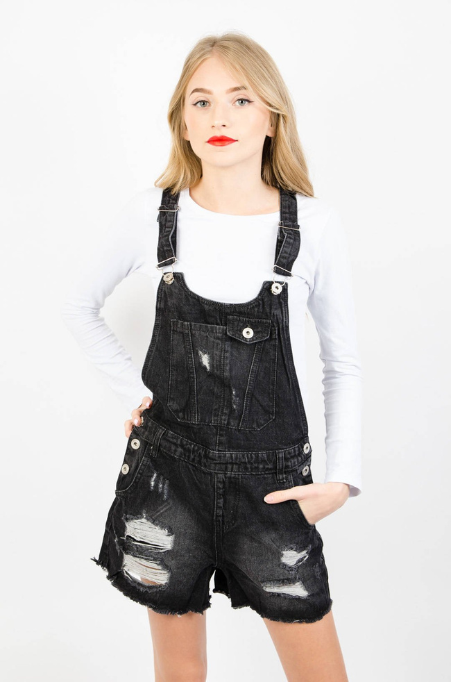 CZARNE JEANSOWE OGRODNICZKI Z PRZETARCIAMI