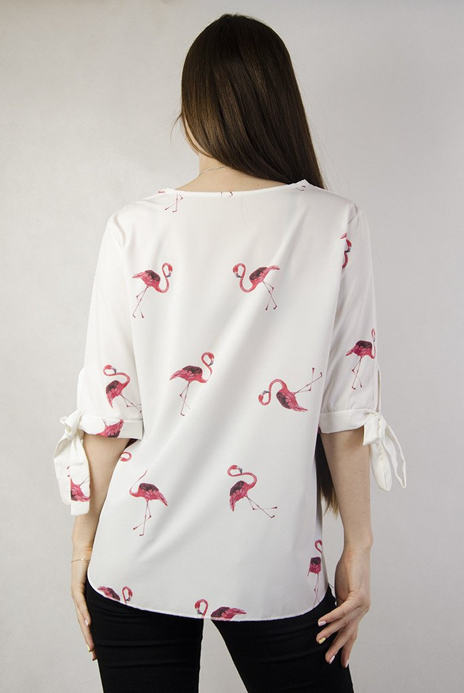 Zwiewna biała bluzka w flamingi