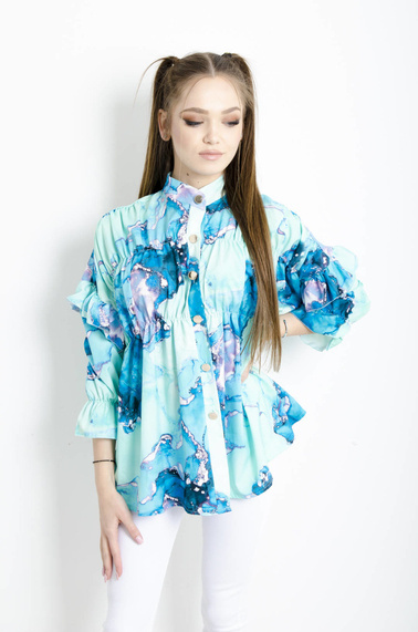 KOSZULA  MARMURKOWA Z FALBANAMI NA RĘKAWACH - ZIELONA