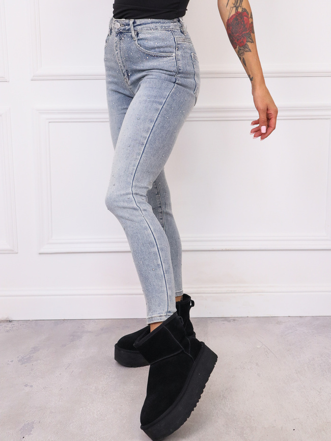 SPODNIE JEANSOWE SKINNY W CYRKONIE- JASNOJEANSOWE