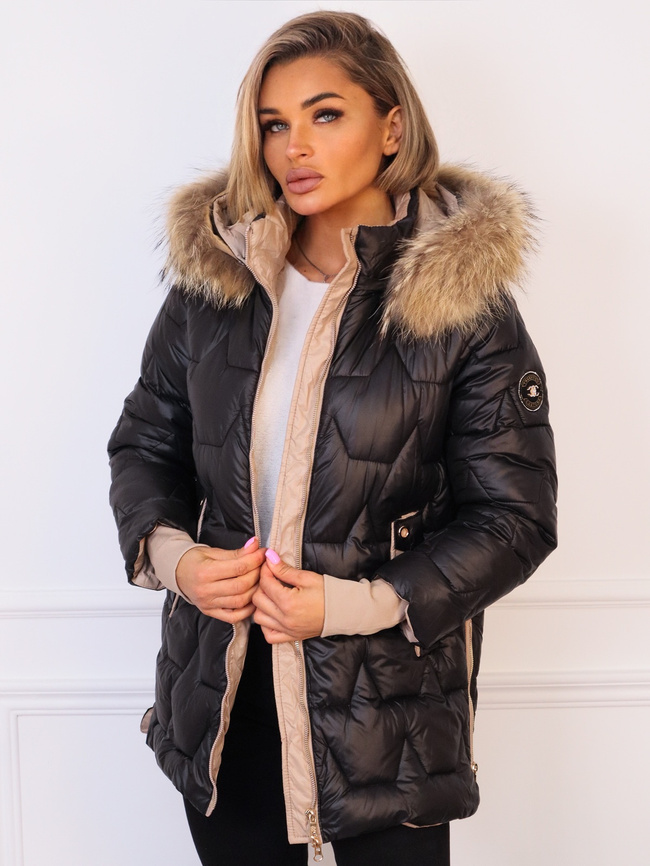 KURTKA Z FUTERKIEM PIKOWANA Z ZAMKAMI PO BOKACH- CZARNA