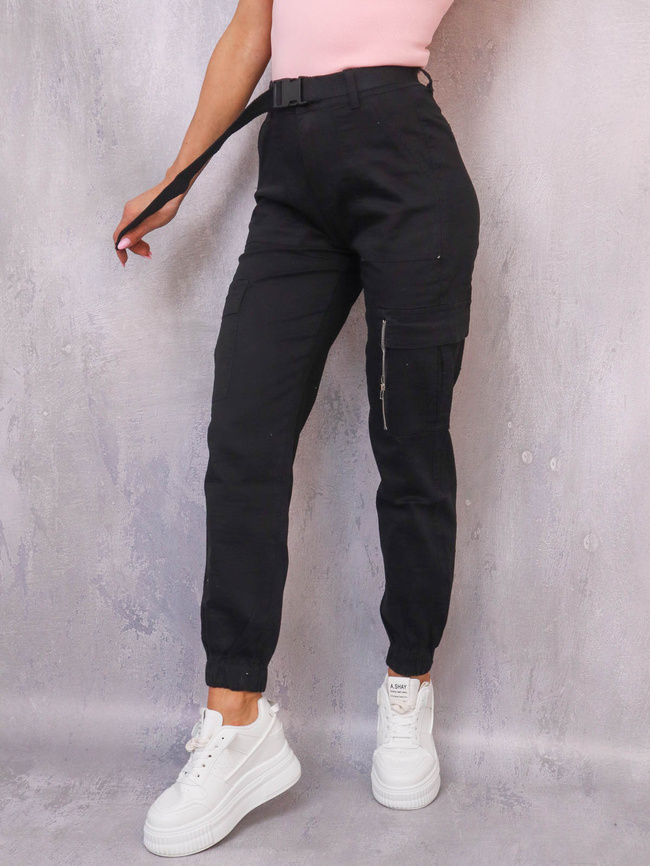 SPODNIE BOJÓWKI CARGO + PASEK- CZARNE 