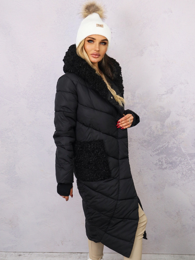DŁUGA KURTKA Z FUTRZANYM KAPTUREM I KIESZENIAMI- CZARNA