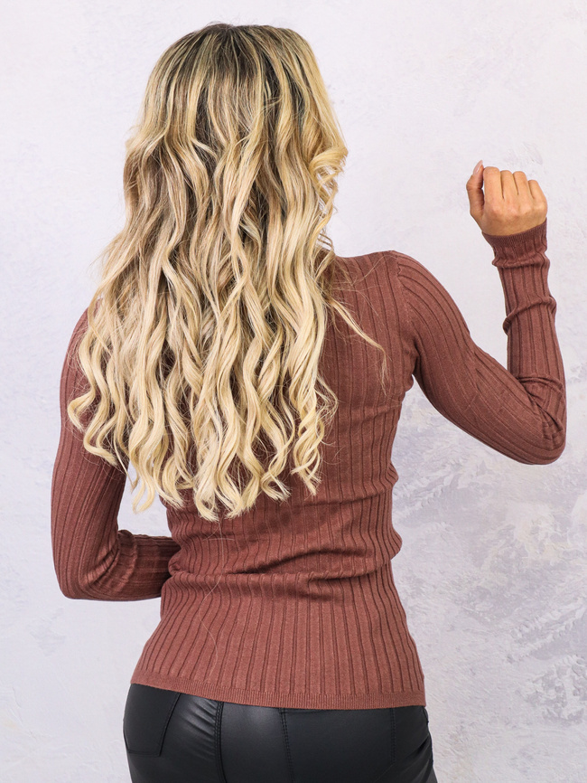 DZIANINOWA BLUZKA SWETEREK PRĄŻKOWANY Z GOLFEM- BRĄZOWY