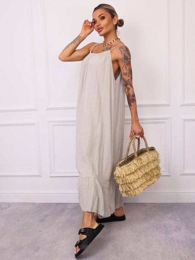 SUKIENKA MAXI MUŚLINOWA Z FALBANĄ- BEŻOWA