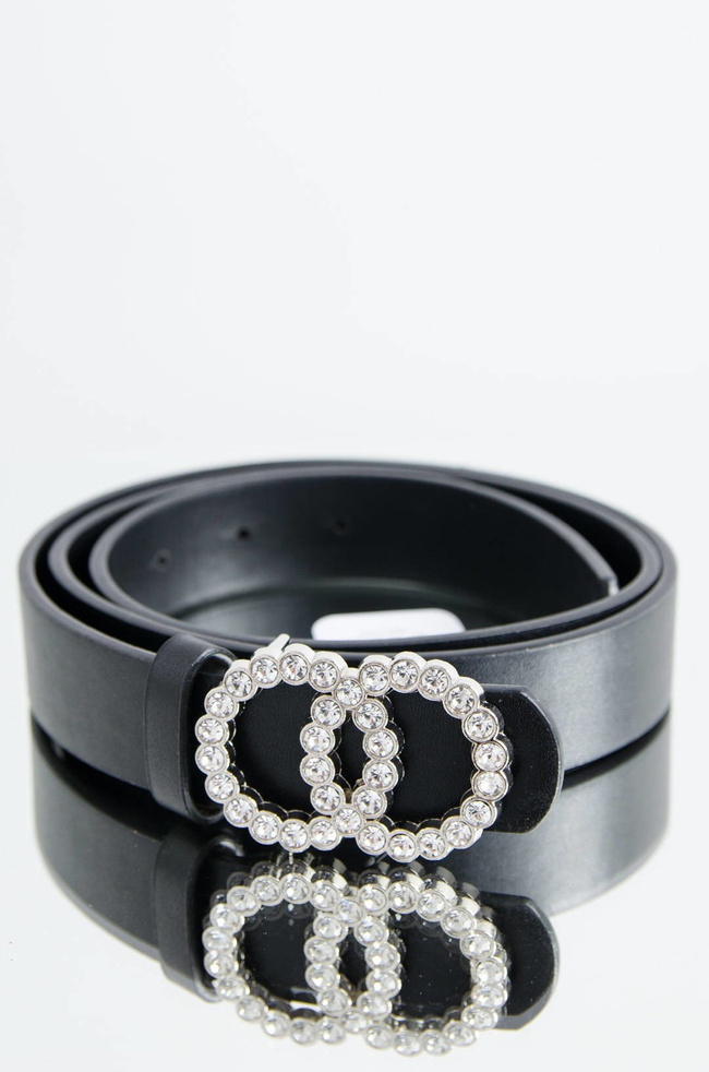 DAMSKI CZARNY PASEK Z PODWÓJNĄ KLAMRĄ CYRKONIE 