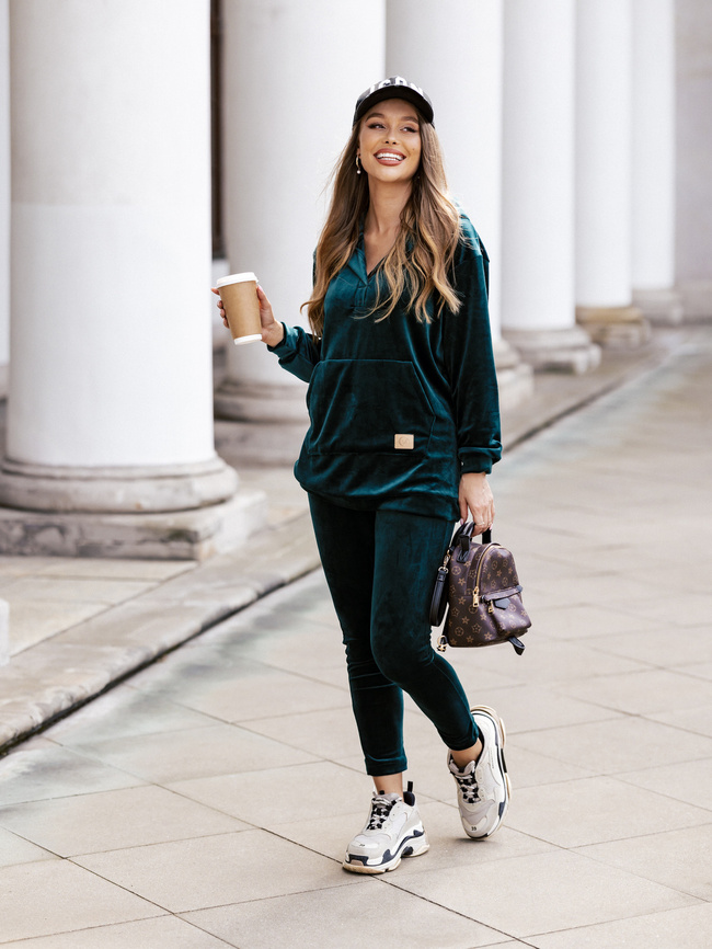 WELUROWY KOMPLET BLUZA+ LEGGINSY- BUTELKOWA ZIELEŃ
