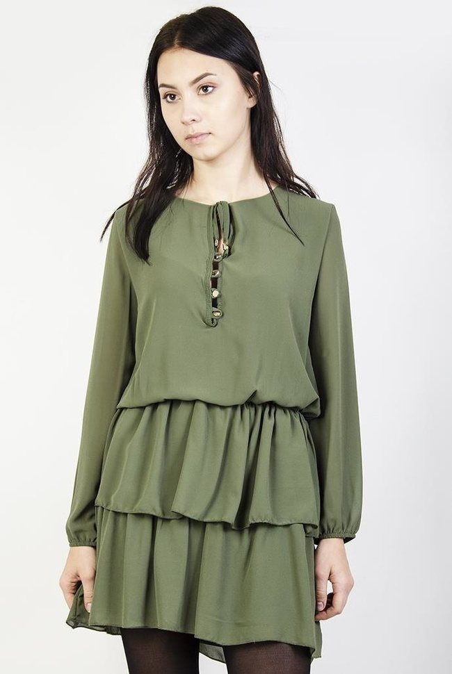 Zielona szyfonowa sukienka z wiązaniem i falbanami