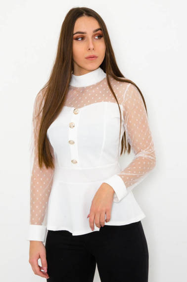BIAŁA ELEGANCKA BLUZKA BASKINKA Z OZDOBNYMI GUZIKAMI