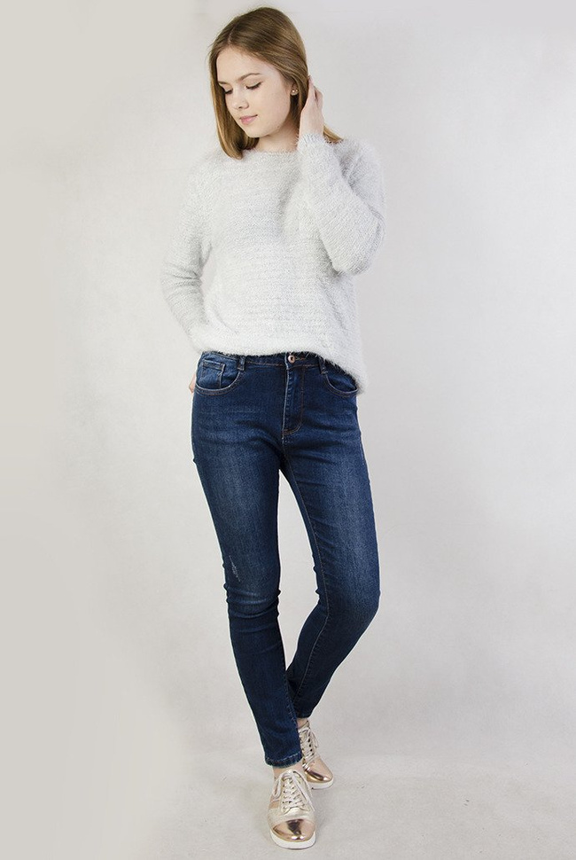 ( Rozmiary L-4 XL ) Spodnie jeansowe z wysokim stanem oraz delikatnymi przetarciami