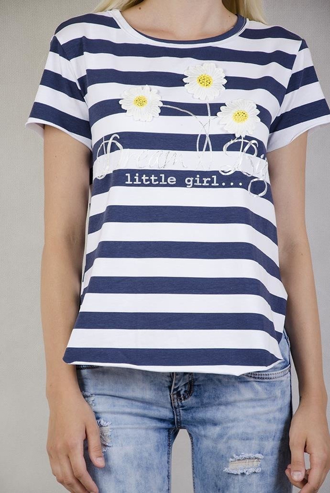 Bluzka w biało-granatowe paski z trzema stokrotkami