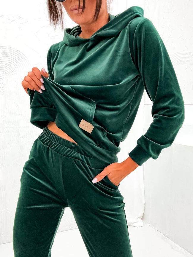 WELUROWY KOMPLET DRESOWY SPODNIE+ BLUZA Z KAPTUREM- BUTELKOWO ZIELONY