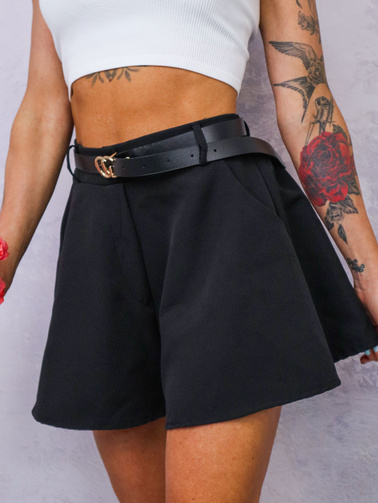SZORTY MATERIAŁOWE Z SZEROKIMI NOGAWKAMI+ PASEK- CZARNE