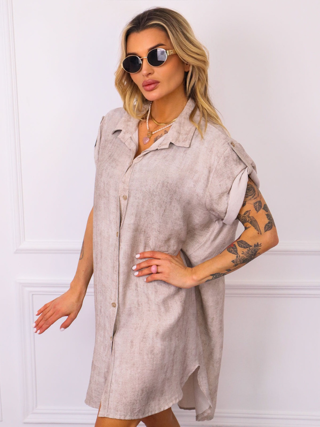 DEKATYZOWANA SUKIENKA KOSZULOWA- CIEMNOBEŻOWA