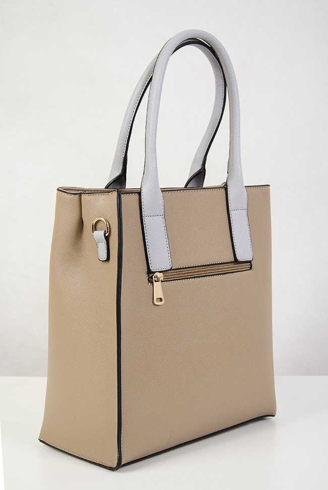 Brązowo kremowa torebka typu shopper z szarą rączką